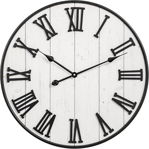 MODE HOME Large Rustic Wooden Wall Clock, 24 Inch Whitewashed Farmhouse Wall Clock with Carved Roman Numerals, Silent Battery Operated Round Vintage Clock for Living Room, Kitchen, Bedroom, Study Room