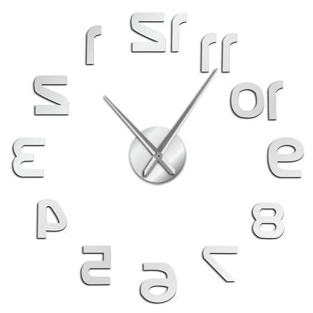 Modern Design Reverse Numbers Frameless Wall Clock Stickers, DIY Modern Decorative Clocks for Living Room, Bedroom, Office - Easy to Install, Large 3D Clock Design (Silver,27in)