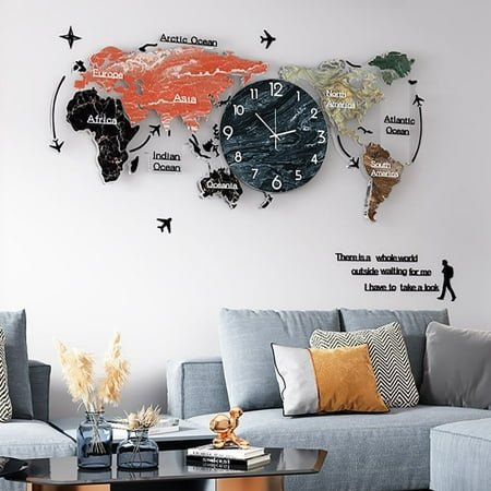 Modern World Map Wall Clock - 29.1 x 13.4 Acrylic & Glass - LED Digital Display - Home Decor for Living Room, Office, Study