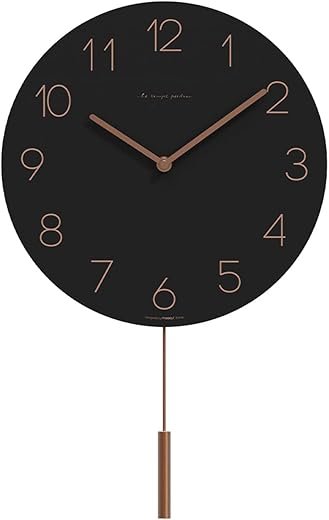 mooas Flatwood Wall Clock Pendulum Black,12" Wood Wall Clock Non-Ticking Sweep Movement Decorative Clock Battery Operated Clock for Home Living Room Kitchen Bedroom Office School