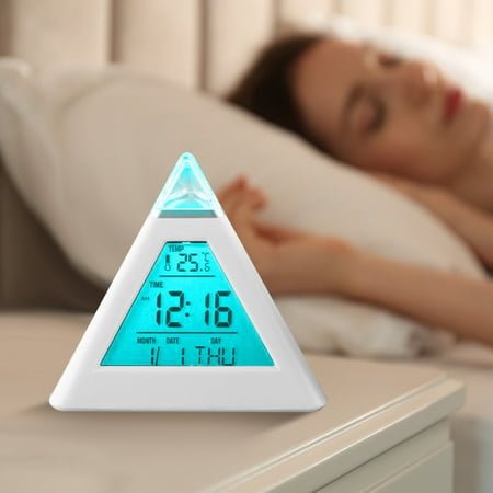 MORESEC under $5 Pyramid Alarm ClockLED Digital Pyramid Alarm Clock with Color Changing Lights, Snooze Alarm Clock with Temperature Display, Modern Desk Clock for Bedroom Office