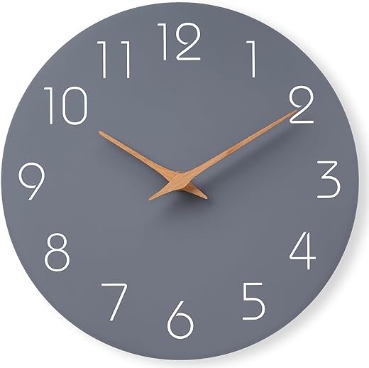 Mosewa Wall Clock Silent Non Ticking Decorative for Kitchen Bedroom Bathroom Office Living Room Battery Operated 10 Inch Gray Wood Modern Simple