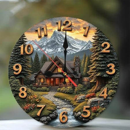 Mountain Cabin Clock Wall Decor Home Decor 10-Inch Silent Wooden Wall Clock, Battery Operated (AA Batteries Not Included), Artistic Home Decor