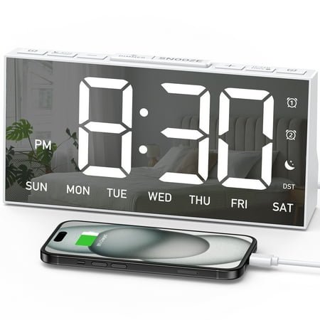Mpow Alarm Clock, Mirror-finish, Digital Alarm Clock for Bedroom, Adjustable Brightness, Customizable Alarms, Automatically Dim at Night, Progressive Volume, DST