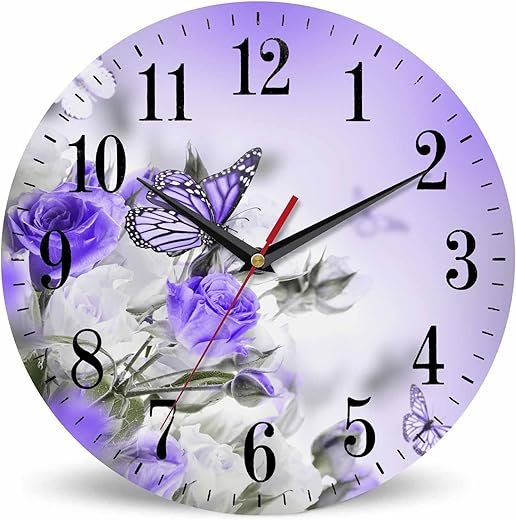 Mxocom Butterfly Floral Wall Clock Bouquet of White and Purple Roses 10 Inch Silent Non Ticking Battery Operated Clock Vintage Round Clock for Living Room Bedroom Bathroom Office Decor