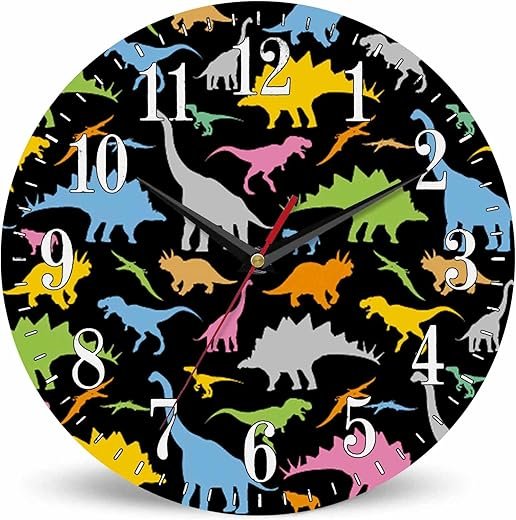 Mxocom Dinosaur Wall Clock Colorful Cute Cartoon Dino Pterodactyl Animal Pattern 10 Inch Silent Non Ticking Battery Operated Clock Vintage Round Clock for Living Room Bedroom Bathroom Office Decor