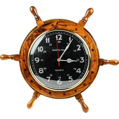 Nagina International 16 Handcrafted Nautical Ship Wheel with 8 Roman Numeral Black Dial Face Time's Clock | Maritime Wall Decor Clock