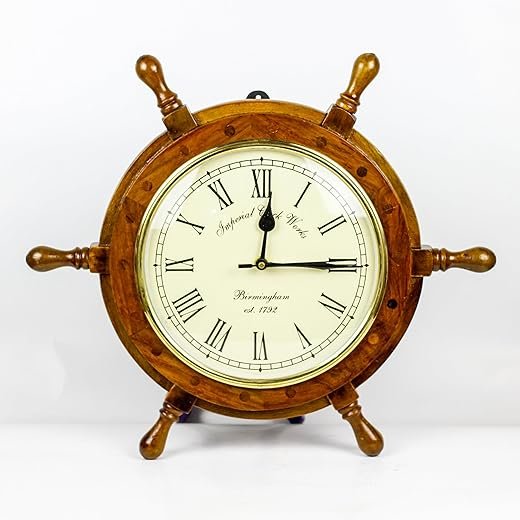 Nagina International 16 Handcrafted Nautical Ship Wheel with 8 Roman Numeral Dial Face Time's Clock | Maritime Wall Decor Clock