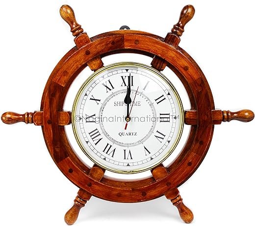 Nagina International 18" Solid Wood Brass Ship Wheel Wall Clock Porthole Nautical Decor Shipwheel 18" Ship Wheel Clock: Boat DecorationWooden Nautical Shipwheel with Clock -