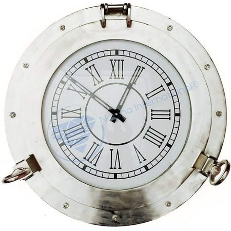 Nagina International Large Aluminum Nickel Plated Wall Clock | Porthole Pirate's Gifts