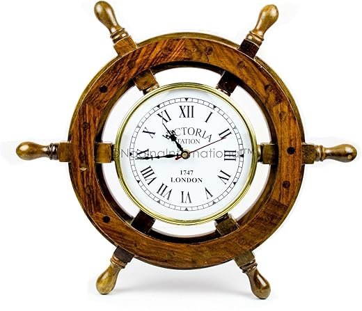 Nagina International Nautical Handcrafted Wooden Premium Wall Decor Wooden Clock Ship Wheels | Pirate's Accent | Maritime Decorative Timekeeper (12 Inches, Clock Size - 6 Inches)