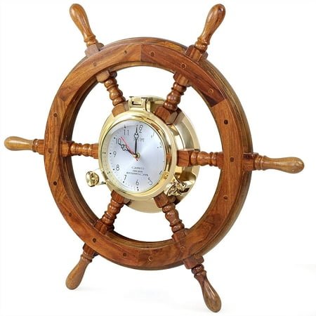 Nagina International Nautical Solid Wood Captain' Vintage Decor Ship Wheel with Time Clock - Captain Maritime Beach Home Decor Gift (16 Inches)