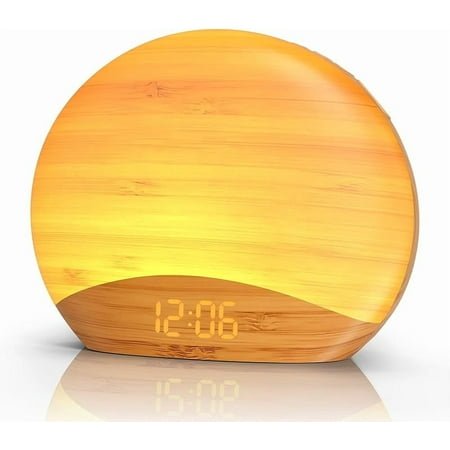 Natural Wood Grain Sound Machine Sunrise Alarm Clock,26 Nature Inspired Sleeping Sounds, 0-100% Dimmable Clock, Night Light,Brown/Pink/White Noise Sound Machine for Babys, Kids, Adults