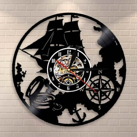Navigation Theme Vinyl Record Wall Clock Sailor Magical Wall Lamp Nautical Vintage Design LED Night Light
