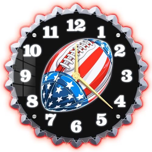 Neoflarea Football Wall Clock, 12 Inch neon Wall Clock, Vintage Beer Bottle Cap Design, Stunning 3D Glow Effect, Perfect for Sports Bar/Man Cave/Game Room Decor/Living Room