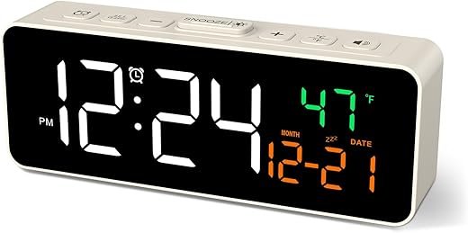 Netzu 3-in-1 Small Digital Clocks for Living Room with Temperature, Date & Time Display - 4 Levels Birghtness, 3 Volumes, Compact Plug-in Alarm Clock for Bedroom, Office (White)