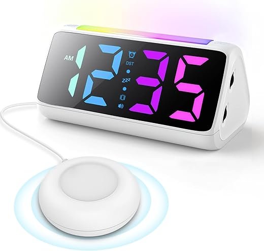 Netzu Alarm Clocks for Bedrooms Heavy Sleepers, Vibrating Alarm Clock with Bed Shaker, Night Light, RGB Display, Dimmer, Snooze for Hearing Impaired People (White)