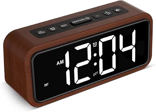 Netzu Wooden Alarm Clock, Loud Digital Plug-in Clock with 5 Volumes, 12 Ringtones, Manual DST, Snooze for Heavy Sleepers Bedroom Bedside Living Room Office Wood Decor