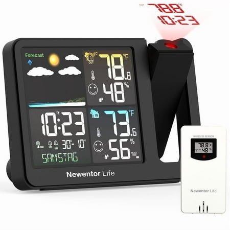 Newentor Projection Alarm Clock with Weather Station, Weather Station for Home with 1 Outdoor Sensor, Wireless Indoor Outdoor Humidity Thermometer with Dual Alarm Clock, Weather Forecast, Black