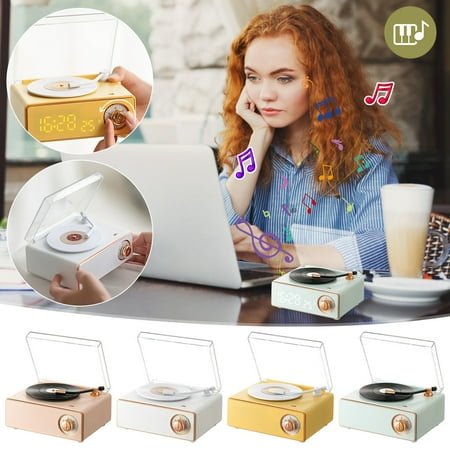 New Vintage Vinyl Bluetooth Speaker & Alarm Clock with Wireless Charging - Retro Phonograph Gift for Travel, Home, Office