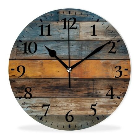 Non-Ticking Silent Clock Battery Operated Analog Clcok Round Wall Clocks Decorative for Living Room-Blue Brown Planks Wooden Multicolor(10inch)