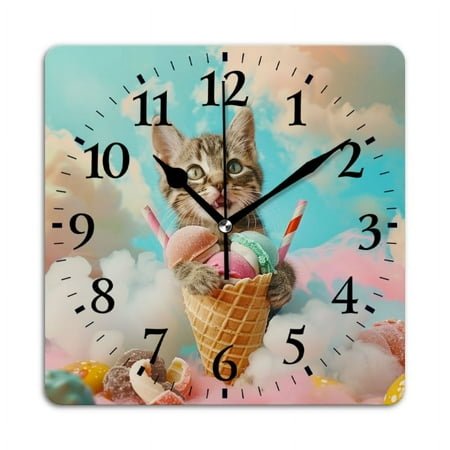 Non-Ticking Silent Wall Clocks Battery Operated Personalized Decor Clock for Living Room,Bedroom-Cute Kitten Sitting In Ice Cream Cone Surrounded By Colorful Candy And Sweets(10inch)