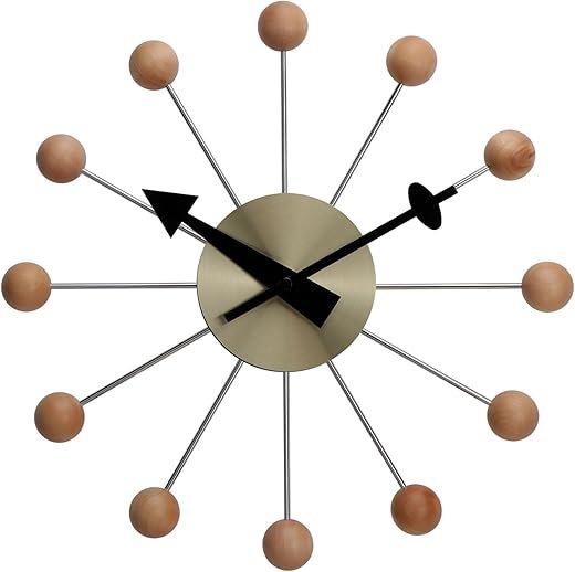 NUOVO 13 Inch Wood Ball Wall ClockMulticolor Mid Century Creative Silent Quartz Personality Funny Decorative Home Living Room Kitchen Office Retro Design Clock