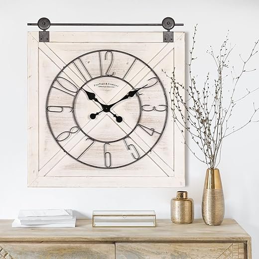 Oakrain Rustic Large Wall Clock, Classic Vintage Hanging Clock, Silent Non-Ticking Square Wall Clock for Living Room Bedroom Office, Numeral, Distressed White, 27''x29''