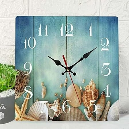 Ocean Wooden Wall Clock Silent Non Ticking Summer Sea Shell Wood Blue Beach Vintage Square Rustic Coastal Decor Home Kitchen Living Room Office Batte