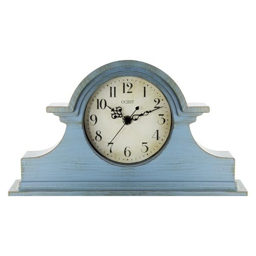 OCEST Vintage Farmhouse Mantel Clock - 13 x 7 Inch Quartz Gilt Finish Battery Operated, Contemporary Napoleon Classic Desk & Shelf Décor for Living Room Office Tabletop Bedside (Azure Blue)