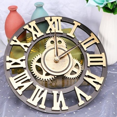 OFFIGAM Retro Industrial Gear Wall Clock, Golden Wooden Design, Decor, Vintage Style, Large Decorative Timepiece