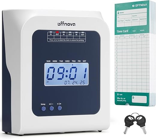 OFFNOVA Thermal Time Clock for Employees Small Business, No Ink Ribbons or Network Needed, in/Out Time Attendance Machine with 50 Time Cards, White