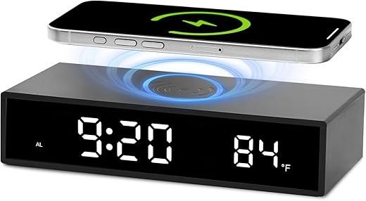 OhM-ega Digital LED Alarm Clock with Charging Zone, 15W Fast Charger for Smart Phone for iPhone/Samsung, Nighttime Mode Adjustable Brightness Snooze, Clock for Bedroom, Living Room, Office, Black