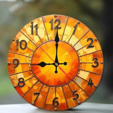 Orange Mosaic Sunburst Wall Clock 10-Inch Silent Wooden Wall Clock, Battery Operated (AA Batteries Not Included), Artistic Home Decor