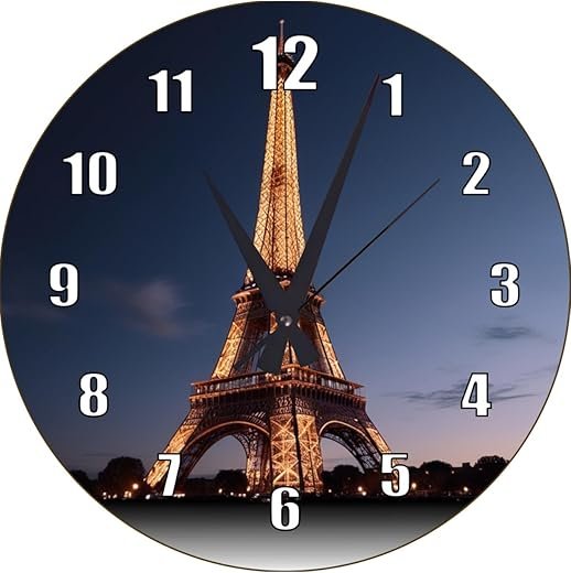 Paris Eiffel Tower Wall Clock, 47x47cm (18.5x18.5in) or 37x37cm (14.6x14.6in), Battery Operated Wooden Oval Design, Romantic Modern Home Decor - 37 x 37 cm,