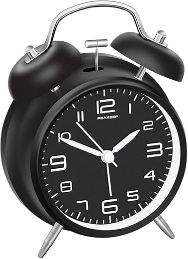 Peakeep 4 Inches Twin Bell Loud Alarm Clock for Heavy Sleepers, Backlight, Battery Operated Old Fashioned Alarm Clock for Bedrooms (3D-Dial, Black)