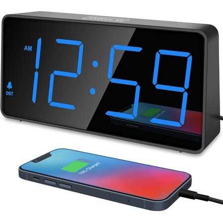 Peakeep Digital Alarm Clock for Bedroom Bedside, Loud Alarm Clock for Heavy Sleepers, Large Big LED Numbers for Seniors, Battery Backup Plug in Electric Clock with USB Charger (Blue)
