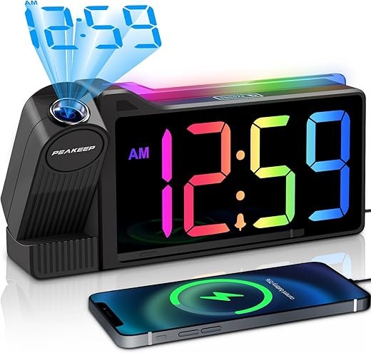 Peakeep Projection Alarm Clock for Bedroom Ceiling, Loud for Heavy Sleepers, RGB Nightlight, Multi-Color Large Display 5 Brightness Dimmer, Plug in Bedside Electric LED Digital Clock with USB Port