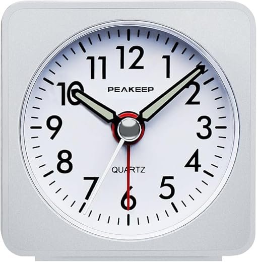 Peakeep Ultra Small, Battery Travel Alarm Clock with Snooze and Light, Silent with No Ticking Analog Quartz (White)