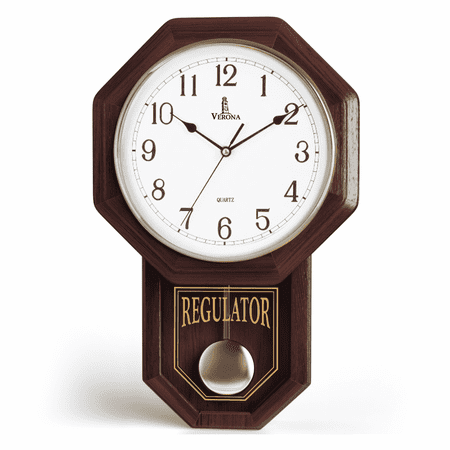Pendulum Wall Clock - Decorative Wood Wall Clock with Pendulum - Schoolhouse Clock Regulator Design, Battery Operated & Silent, Wooden Pendulum Clock 18x11
