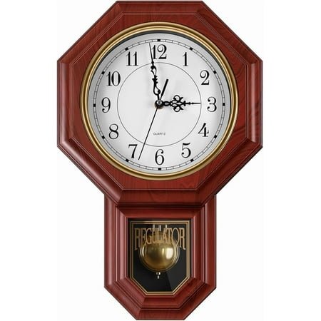 Pendulum Wall Clock Battery Operated, Imitation Wood Plastic Regulator Clock with Pendulum,Vintage Decorative Wall Clocks for Living Room,Farmhouse,Office,Bedroom,Kitchen,Wall Decor