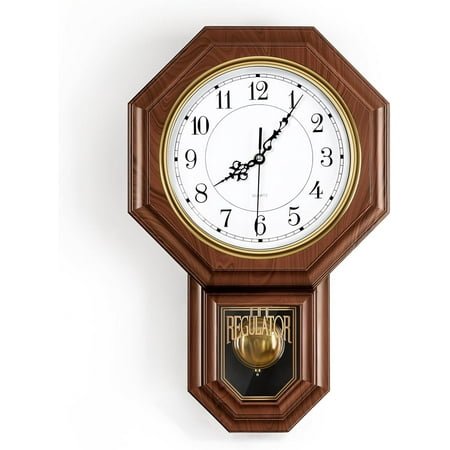 Pendulum Wall Clock Battery Operated, Imitation Wood Plastic Regulator Clock with Pendulum,Vintage Decorative Wall Clocks for Living Room,Farmhouse,Office,Bedroom,Kitchen,Wall Decor