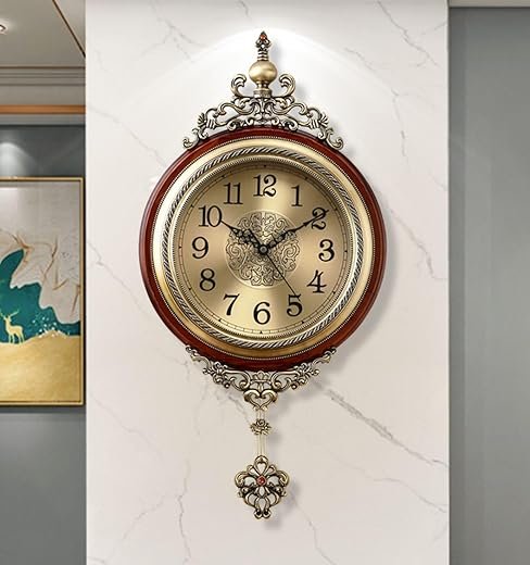 Pendulum Wall Clock, Battery Operated Quartz Movement, Silent Non Ticking, Large Antique Metal Wooden Clock, for Home Decor Living Room Office