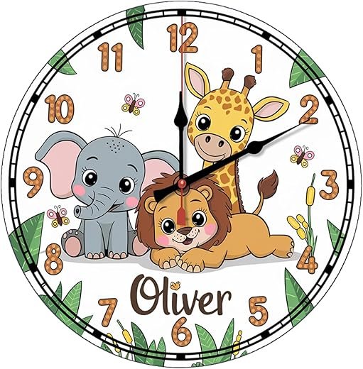 Personalized Safari Animals Wall Clock for Baby Room, Nursery Wall Clock for Bedroom Decor, Woodland Themed Clocks Wall Art for Nursery Room Decor, for Newborn, Custom Clocks with Name