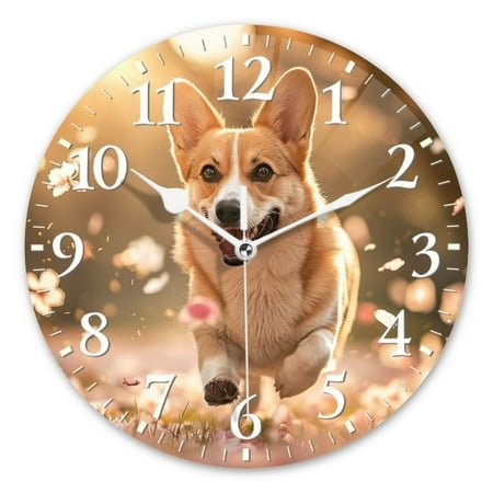 Personalized Wall Clock Non-Ticking Silent Clocks Battery Operated Round Clocks Decorative for Bathroom,Office-Cute Corgi Dog Running Through Field Of Cherry Blossoms(14inch)