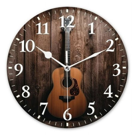 Personalized Wall Clock Non-Ticking Silent Clocks Battery Operated Round Clocks Decorative for Bathroom,Office-Acoustic Guitar On Wooden Floor(12inch)