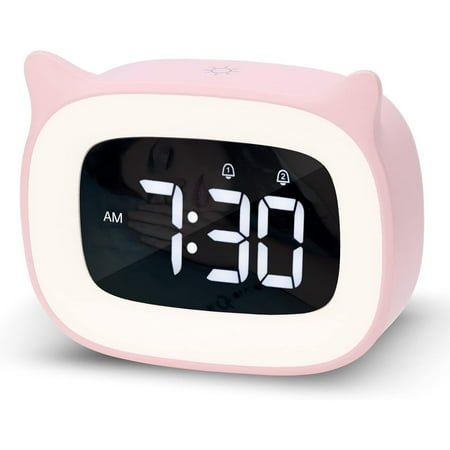 Pink Alarm Clock with Night Light, Cute Cat Alarm Clocks Birthday Gifts, Cute OK to Wake Alarm Clock Bedrooms
