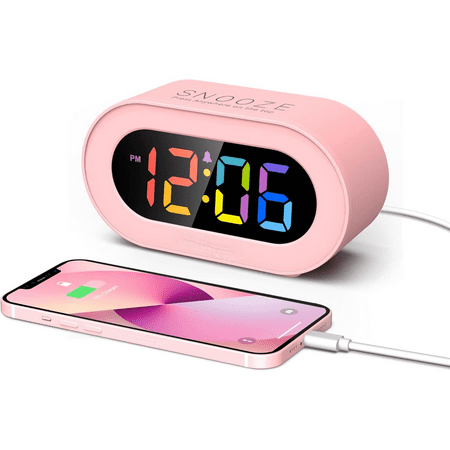 Pink Girls Alarm Clock, Dimmable Colorful LED Digital Display, USB Phone Charger Port, Simple Operation for Kids, Adults, Adjustable Volume, Snooze, Small Size for Bedrooms, Bedside, Desk