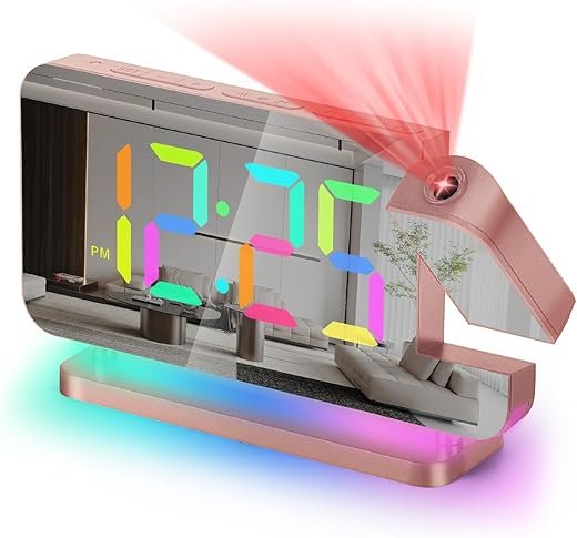 Poeroa Projector Clock,7.4 in Digital Alarm Clocks Projection on Ceiling Wall,with RGB Night Light,USB C Charging Port,Auto Dimming,LED Mirror Clock for Teen Girl Adults Bedroom Decor - Rose Gold