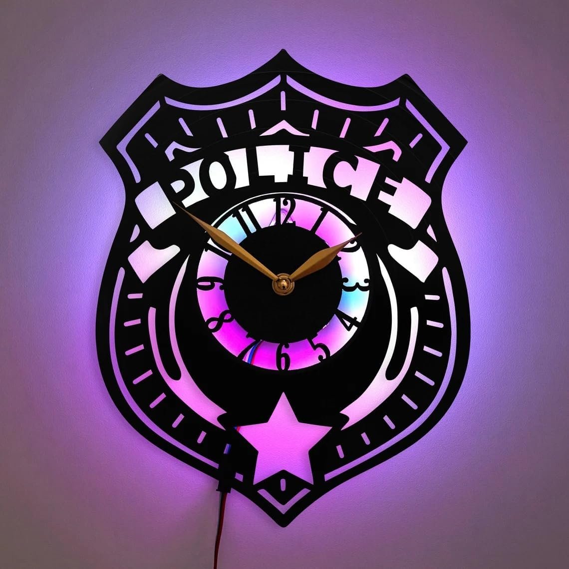 Police Wall Clock with LED Light – Law Enforcement Decor, Officer Gift, Shield Design Clock, Black
